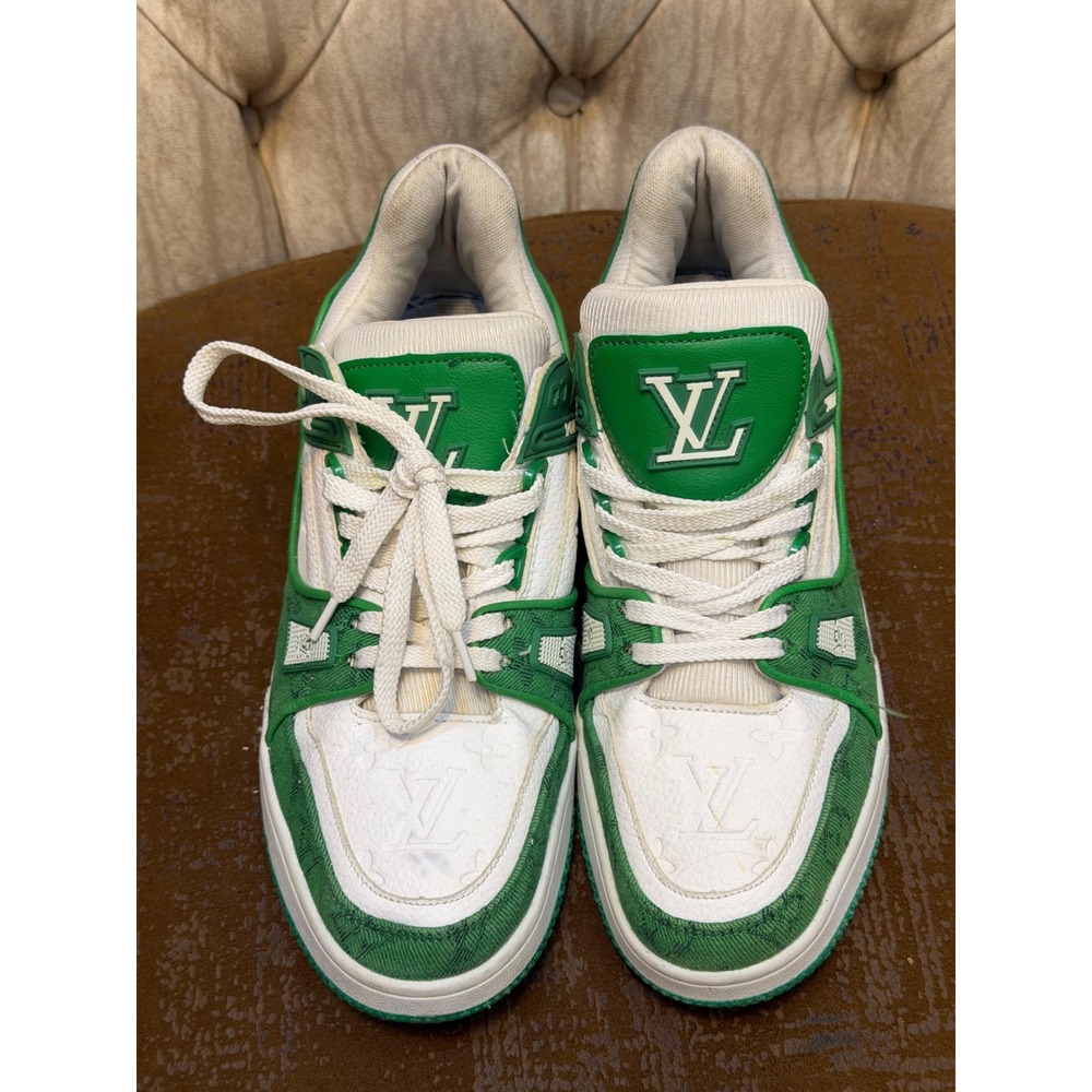 Louis Vuitton Trainer Sneaker Green White Monogram Denim Leather MS0241 Size 44